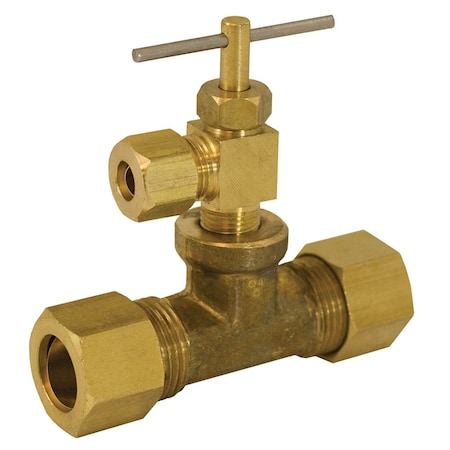 Jones Stephens 3/8in. x 3/8in. x 1/4in. Compression Brass Needle Valve, Straight N78064
